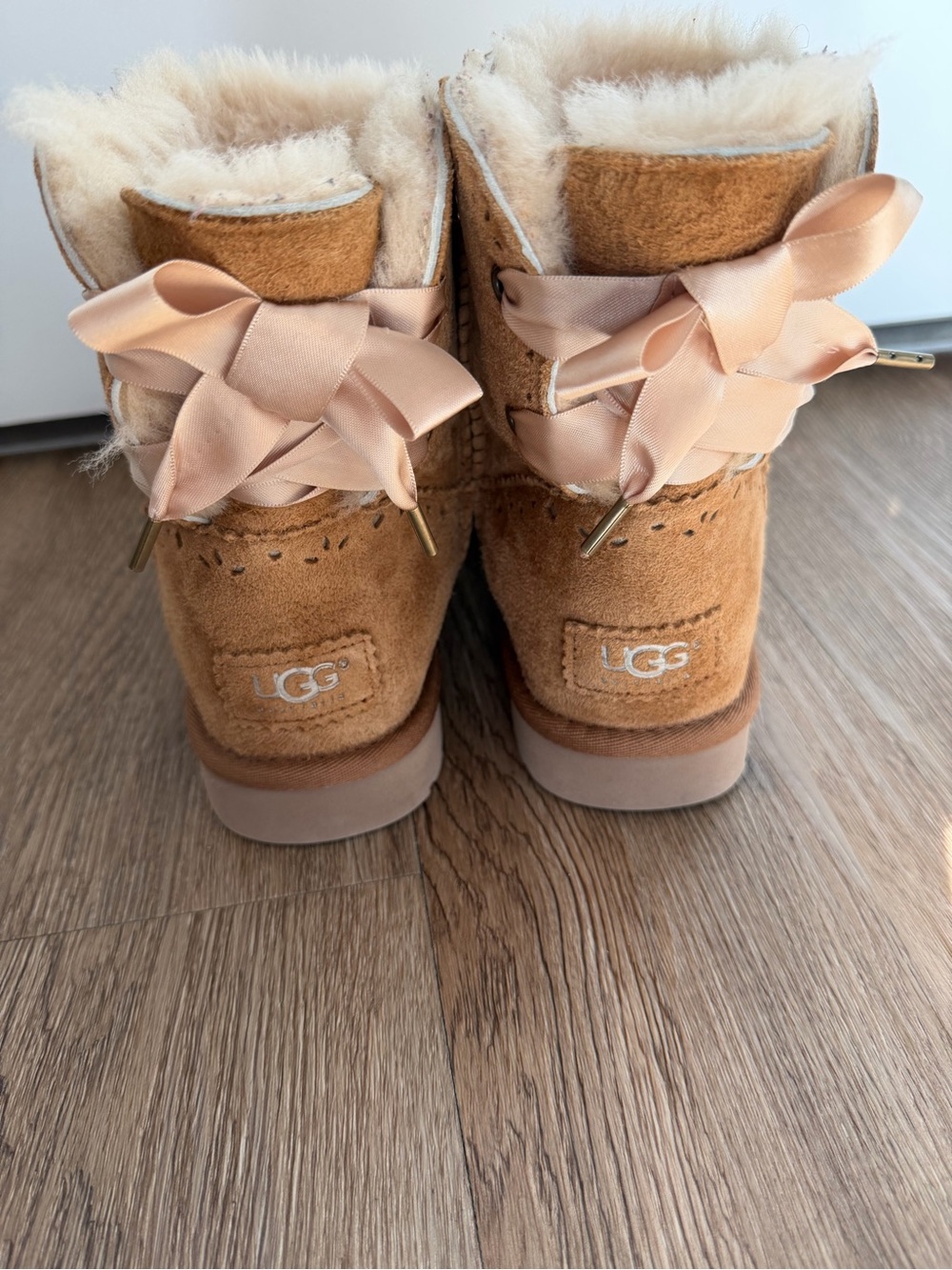 UGG Women's Chestnut Suede Shearling Boots with Blush Ribbon